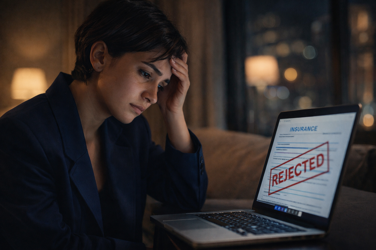 Mujer frustrada preguntándose por qué me rechazan las aseguradoras al buscar arriendo